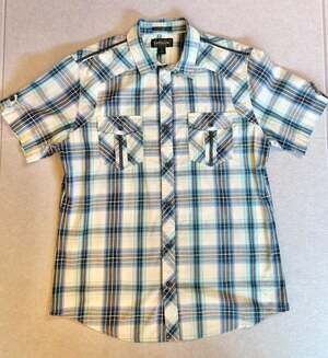 Helix Mens Plaid Button Up Shirt Large Athletic Fit Blue Short Sleeve Y2K